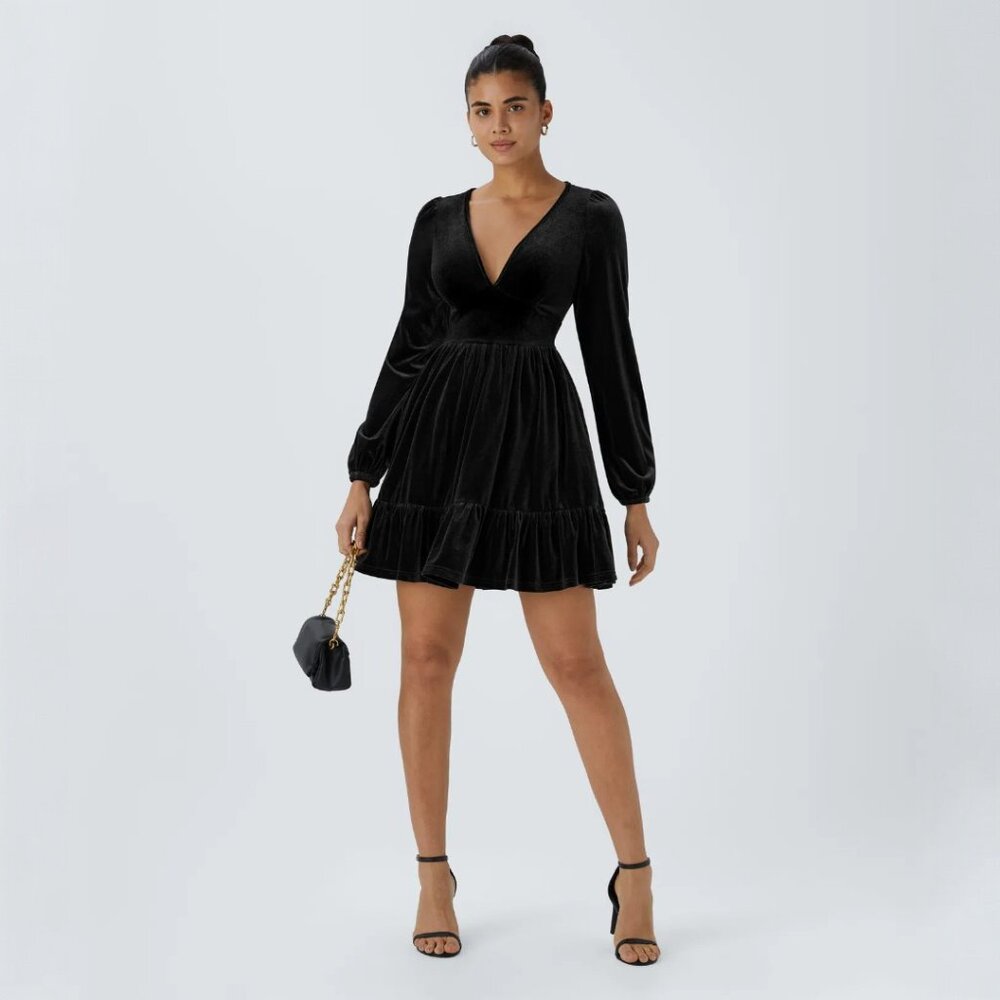 HALARA Everyday Deep V Neck Long Sleeve Ruffled Velvet Mini Dress